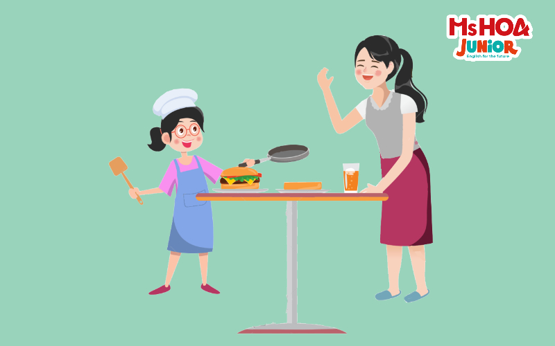Để b&eacute; c&ugrave;ng nấu ăn với mẹ v&agrave; gọi t&ecirc;n c&aacute;c loại thực ăn,&nbsp;rau củ bằng tiếng Anh